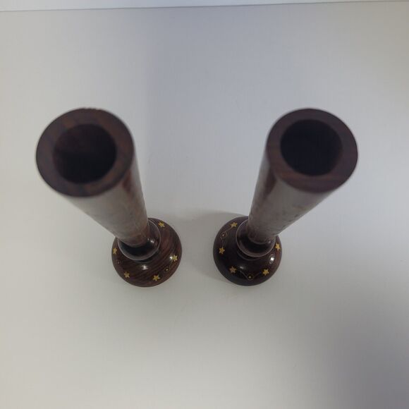 Pair Etched Wood Candlesticks 8" Thin, stars, swirls Made In India Vintage MCM - Picture 6 of 8
